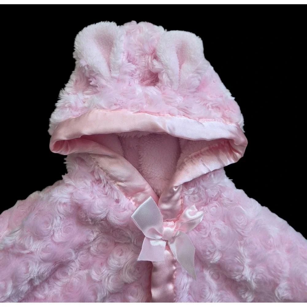 Blankets & Beyond Pink Minky Fur Hooded Ears Shawl Cape Poncho Hooded Satin Trim